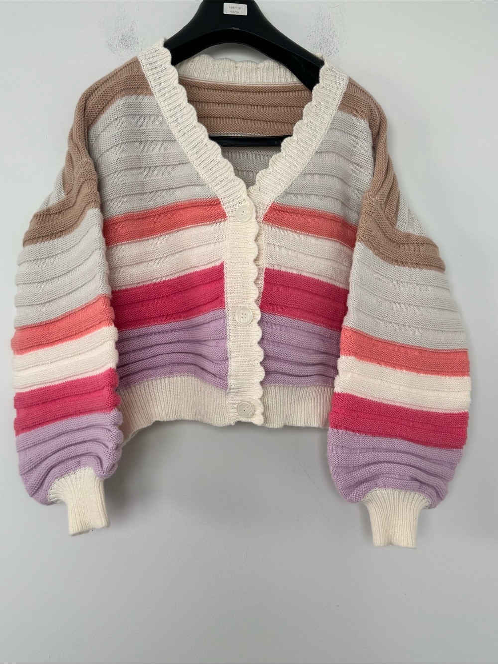 Womens Medium Multicolor Striped Knit Cardigan Sweater Balloon Cottagecore Fancy